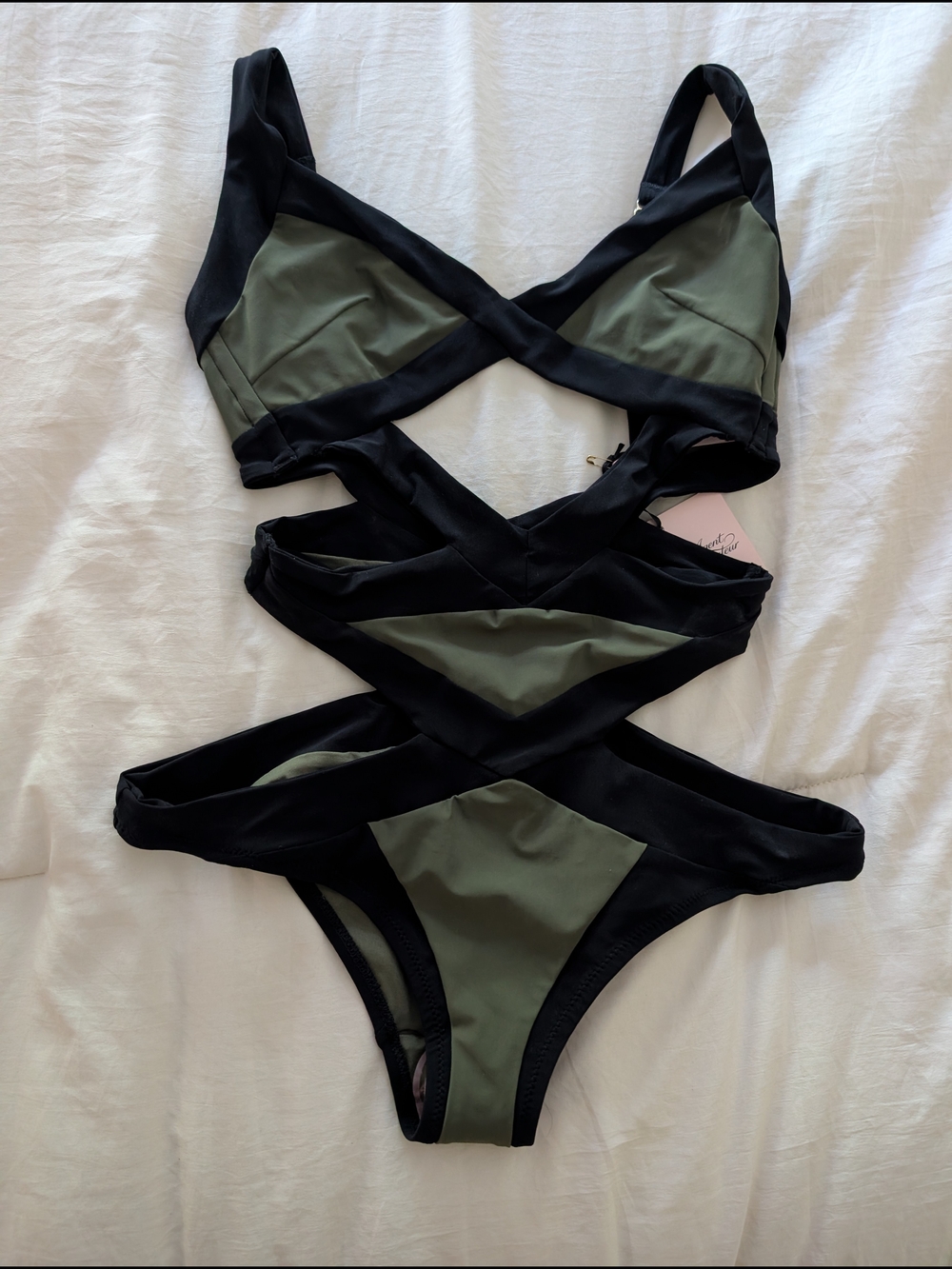 Agent Provocateur NWT Olive Green & Black Cutout One-Piece Swimsuit Size 3